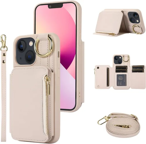 Funda tipo cartera para iPhone 13 de 6.1 pulgadas con correa para la muñeca y el hombro, soporte para tarjetas, soporte con anillo, cierre de