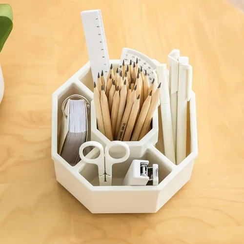 Miniatura 4 de Organizador de escritorio, soporte multifuncional giratorio de 360 grados, 5 compartimentos, organizador estacionario de escritorio, caja de Blanco