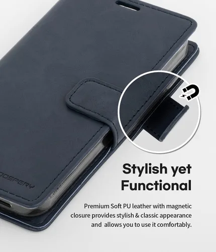 Miniatura 6 de GOOSPERY Bluemoon - Cartera compatible con iPhone 13 Pro, piel sintética de alta calidad, función de pie, soporte para tarjetas (azul marino)