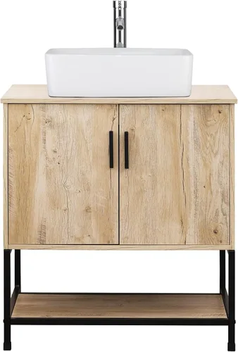 Miniatura 8 de UEV Mueble de baño de roble rústico de 30 pulgadas con fregadero, marco de hierro industrial con puertas y estante, con moderno combo de fregadero