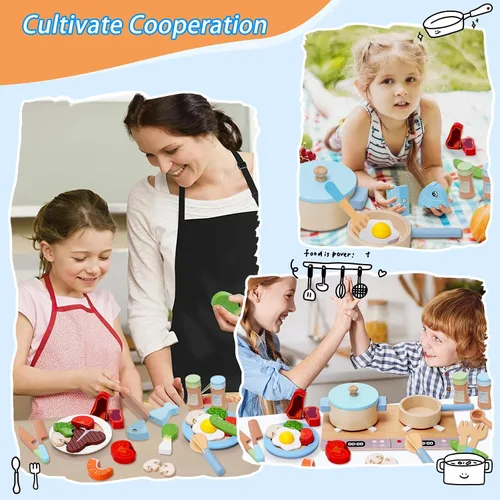 Miniatura 7 de Accesorios de cocina de juguete, juego de cocina de madera, juego de cocina de simulación para niños, incluye estufa, ollas y sartenes de cocina
