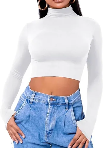 Miniatura 5 de LCNBA Camiseta corta de manga larga para mujer, cuello alto, sexy, básica, recortada