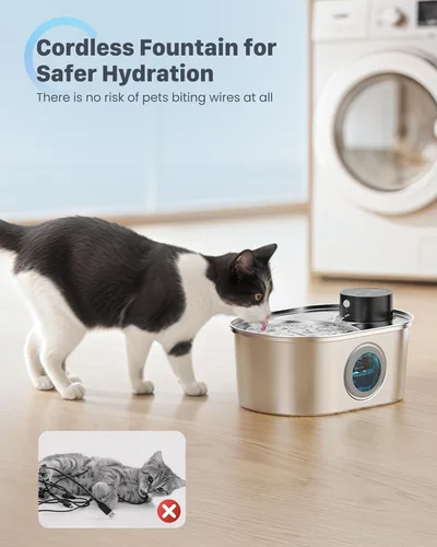 Miniatura 9 de Fuente de agua inalámbrica para gatos: fuente para mascotas de acero inoxidable operada por pilas, dispensador automático de agua inalámbrico