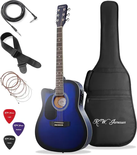 Miniatura 12 de Jameson Guitars - Guitarra eléctrica acústica de tamaño completo Thinline con funda y púas Natural para diestros