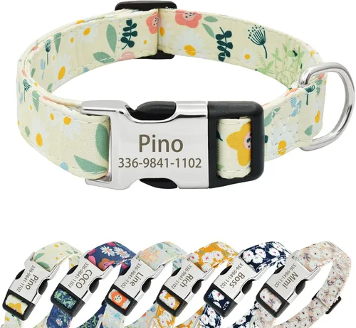 Miniatura 15 de Collares de perro florales personalizados con nombre, collares suaves personalizados con hebilla grabada para perros pequeños, medianos y grandes