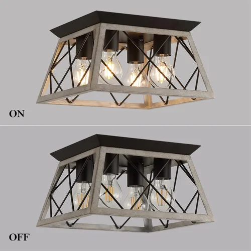Miniatura 8 de Q&S - Lámpara de techo semiempotrable de estilo rústico de roble, vintage, con 4 luces, cuadrada, estilo rústico, para entrada, pasillo, comedor