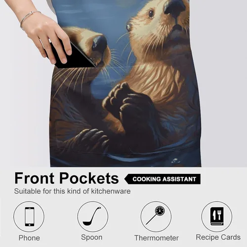 Miniatura 5 de MUSM Sea Otters Painting Apron，Classic Vintage Funny with Pockets Aprons,Adjustable Bib Waterdrop Resistant for Kitchen Cooking Restaurant BBQ