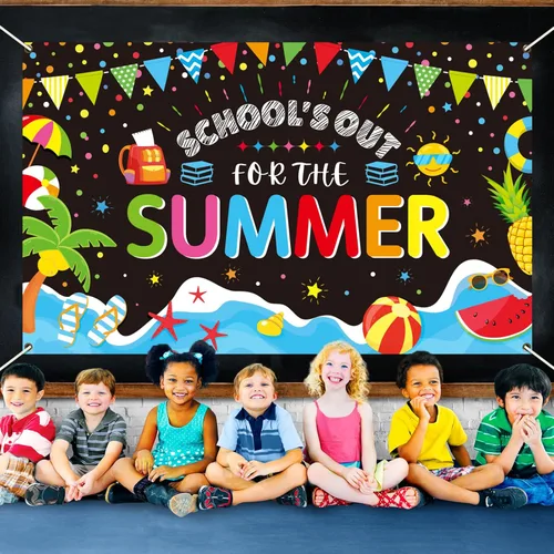 Miniatura 7 de Telón de fondo temático de fin de año escolar para clase de verano, fin de año escolar, pancarta temática para playa tropical, piscina, fiesta