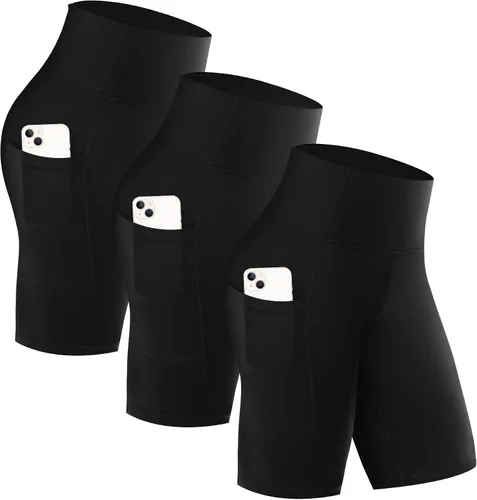 GAYHAY Paquete de 3 pantalones cortos de motociclista con bolsillos para mujer, pantalones cortos de cintura alta de 8 pulgadas para entrenamiento,