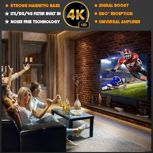 Antena de TV digital HD amplificada de más de 50 millas de alcance, pequeña antena de TV portátil para interiores, incluye base magnética, soporte
