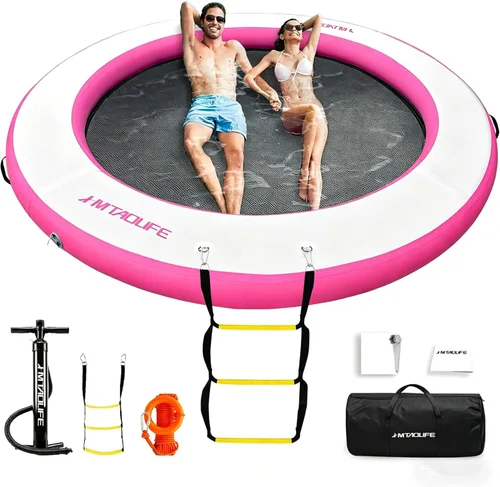 Miniatura 12 de Hamaca de agua inflable Muelle flotante, anillo flotante redondo hamaca flotante inflable para lago, barco, piscina, océano, rosa/verde menta