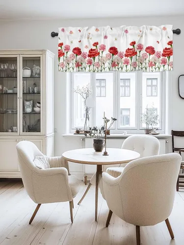 Miniatura 9 de Cenefa floral para ventanas, cortinas de clavel rojo y rosa, cenefas con bolsillo para barra, cenefa de ventana para primavera, vacaciones, día