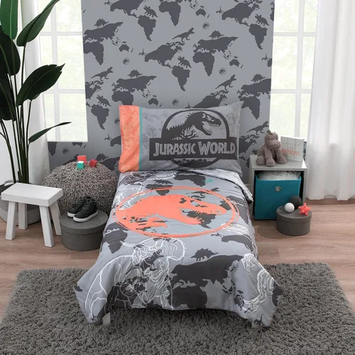 NoJo Universal Jurassic World Into The Wild Grey - Juego de cama infantil de 4 piezas, color gris, blanco, naranja y aguamarina T. Rex - edredón,