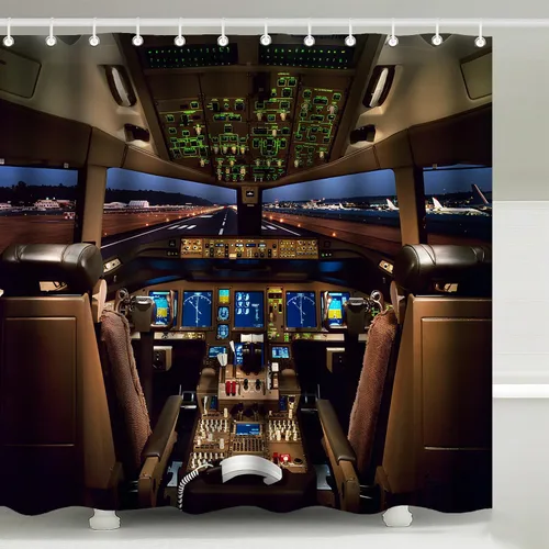 Cortina de ducha de tela para Boeing 777 de 72 x 72 pulgadas con ganchos de primera calidad, impermeable y lavable para baño, vista nocturna del