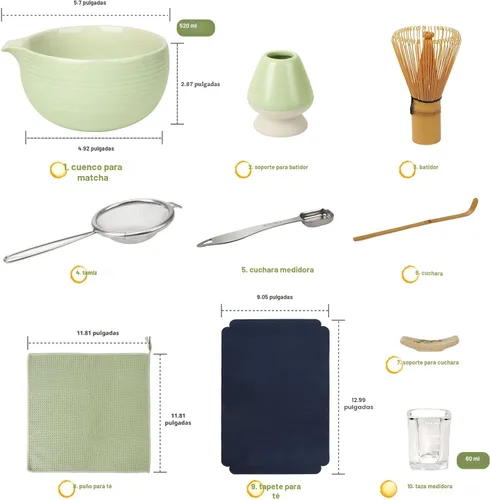 Miniatura 5 de Joiish Juego de batidor de matcha, kit de matcha de 10 piezas, batidor de bambú y cuenco de cerámica con boquilla y cuchara medidora y taza, Verde