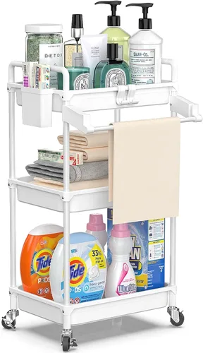 Miniatura 11 de SPACEKEEPER Carrito de almacenamiento rodante, carrito utilitario de 3 niveles, organización de cuarto de servicio, estantería móvil, organizador