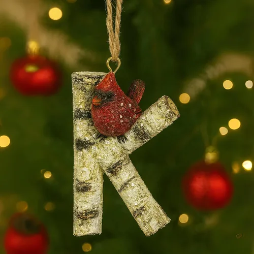Miniatura 27 de Adorno de Navidad con letra inicial cardenal rústica, aspecto de madera de abedul, alfabeto colgante, decoración con monograma para árbol de Letra R