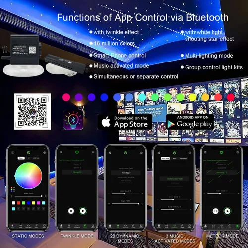 Miniatura 2 de AKEPO Kit de Luces de Fibra Óptica Twinkle Meteor APP de Tamaño Pequeño 16W, Estrella Fugaz+RGBW Activado por Música 550pcs 0.03in/0.75mm 9.8ft/3m