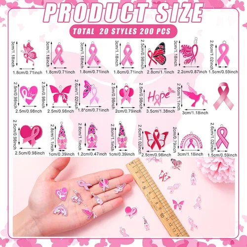 Miniatura 2 de Tudomro 200 dijes de concientización sobre el cáncer de mama a granel para hacer joyas, dijes de cáncer de mama rosa, cintas para calcetines