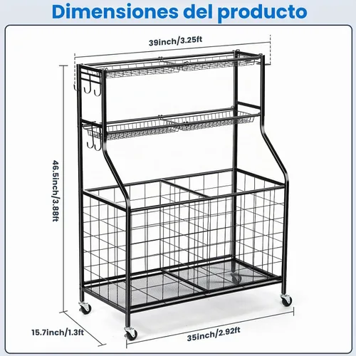 Miniatura 6 de Kinghouse Organizador de equipo deportivo de garaje, estante deportivo con ganchos, con cubo de almacenamiento de pelota de 37 galones