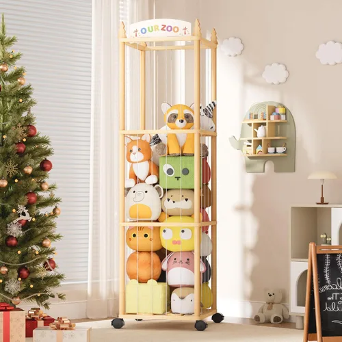Miniatura 8 de Almacenamiento de animales de peluche con ruedas, organizador de juguetes de madera con capacidad extragrande, soporte de felpa que ahorra espacio