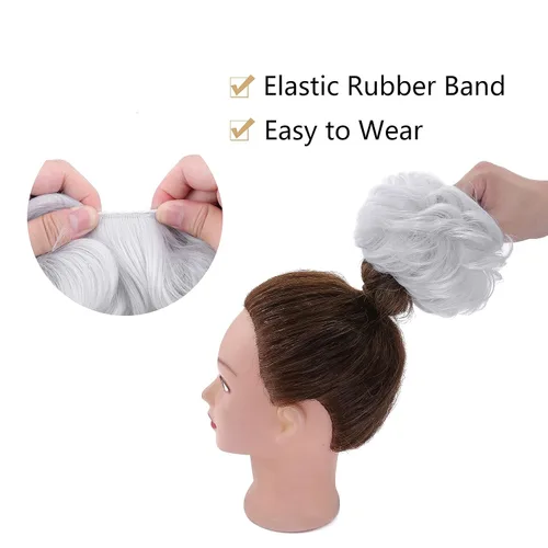 Miniatura 4 de Benehair Moño desordenado, pieza de pelo recogido para mujer, esponjoso, ondulado, moño con dona, moño sintético con banda elástica de goma