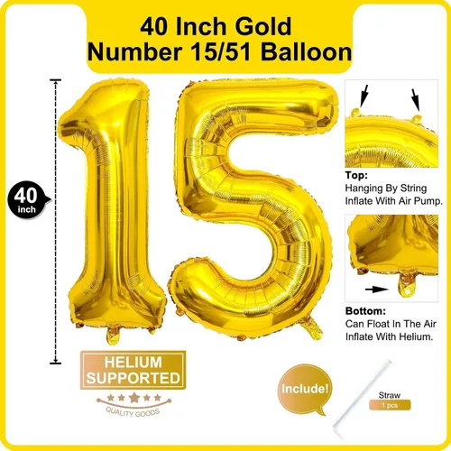 Miniatura 2 de Lovoir Globo dorado de 40 pulgadas con el número 51 de 15 dígitos gigantes, helio dorado para fiesta de cumpleaños de 15 y 51 años, suministros