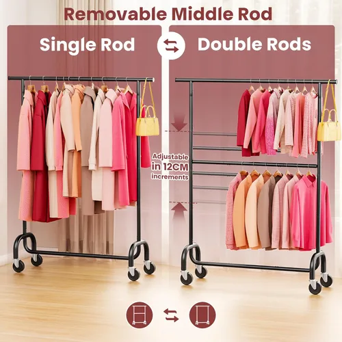 Miniatura 3 de Perchero resistente para dormitorio, perchero con ruedas de altura ajustable de 6 niveles, ruedas con bloqueo, perchero portátil para sala de estar