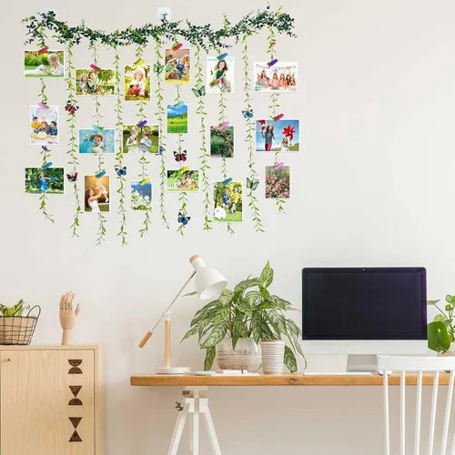 Miniatura 5 de Expositor de fotos para colgar en la pared con clip, juego de collage de marcos de fotos de hojas de árbol de vid artificiales con 40 clips y 8