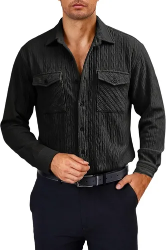 Miniatura 36 de Camisas con botones para hombre, casual, de manga larga, con cuello jacquard, texturizada, ligera, sobrecamisa, sobrecamisa