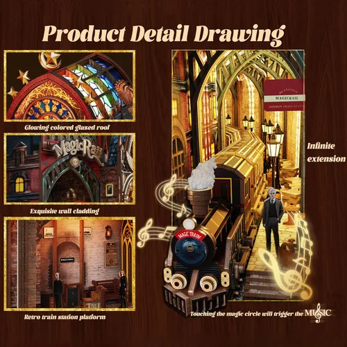 Miniatura 5 de Kit de rincón de libros, estante en miniatura para casa con luces LED y música, rompecabezas de madera 3D de estación de tren retro para adultos