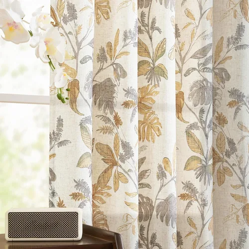 Miniatura 9 de Jinchan Cortinas de lino para sala de estar de 63 pulgadas de largo, con estampado de hojas tropicales, cortinas botánicas de lino estilo rústico