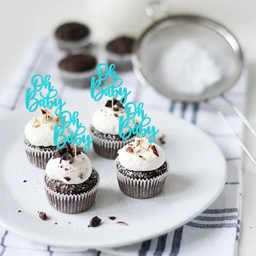Miniatura 3 de 24 piezas Oh Baby Cupcake Toppers Glitter Baby Shower Cupcake Picks Reveal Género Decoración de Pasteles para Baby Shower Niños Niñas Fiesta de Azul