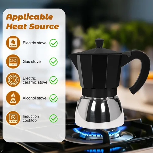Miniatura 6 de Sin Recubrimiento 4 Tazas Olla de Moka de Aluminio y Acero Inoxidable para Preparar Espresso en Estufa, Cafetera Italiana de 220ml 7.44oz Adecuada