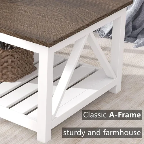 Miniatura 6 de Mesa de café ChooChoo Farmhouse, Mesa rústica vintage para sala de estar con estante, 40 Pulgadas Blanca Blanco