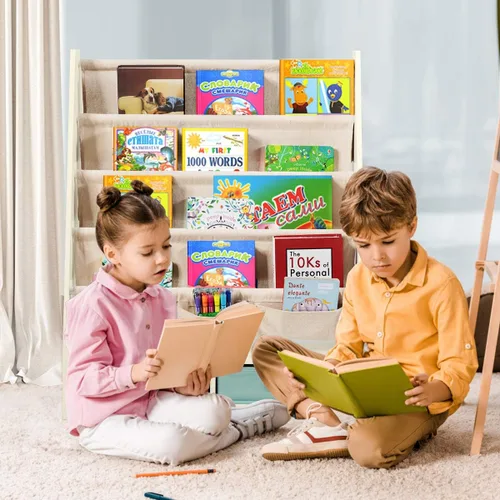 Miniatura 3 de HONEY JOY Estante para libros para niños con 2 contenedores de almacenamiento, estantería de madera para niños pequeños con 4 estantes de Beige