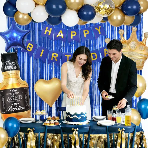 Miniatura 6 de Decoraciones de cumpleaños azul marino para hombres con pancarta de feliz cumpleaños, cortinas, botella, corona, globos de estrella de corazón y luz
