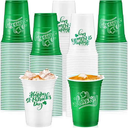 Miniatura 8 de Pickmesh 50 piezas de vasos de plástico para el Día de San Patricio de 16 onzas con diseño de trébol de la suerte, vasos desechables