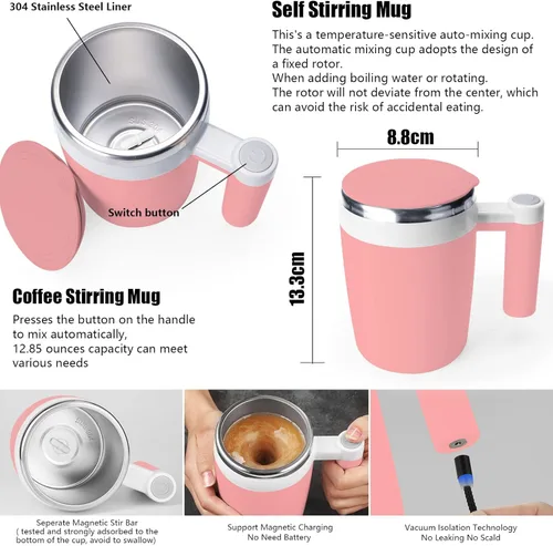 Miniatura 2 de Taza autoagitadora, taza de café magnética recargable con 2 barras de agitación, taza de mezcla automática impermeable para leche, cacao en la Rosa