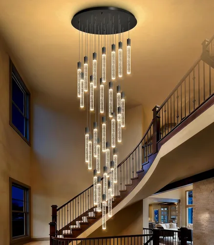 Miniatura 18 de HAIXIANG Candelabro de techo alto de 118 pulgadas, colgantes lineales de cristal, regulables remotos, techos inclinados compatibles, negro mate