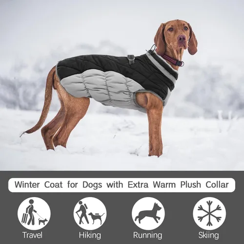Miniatura 3 de FUAMEY - Abrigo para perro, chaqueta cálida de invierno, acolchada, de vellón, chaleco reflectante con arnés, chaqueta de nieve impermeable con Negro