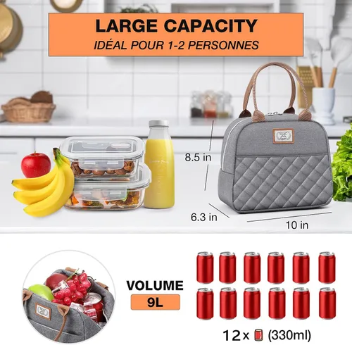 Miniatura 6 de Lekesky Lonchera para mujer, lonchera aislada, bonita bolsa de almuerzo a prueba de fugas para el trabajo de adultos, color gris