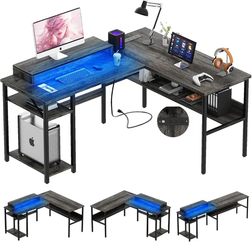 Miniatura 8 de Unikito Escritorio reversible en forma de L con tomas de corriente mágicas y luz LED inteligente, escritorio de esquina para computadora robusto