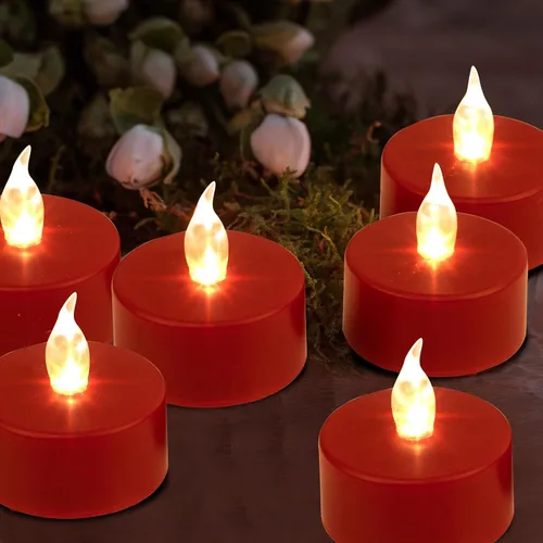 Miniatura 5 de Velas de té sin llama, velas operadas con pilas, paquete de 100 velas votivas parpadeantes LED rojas de larga duración, 200 horas, realistas y Rojo