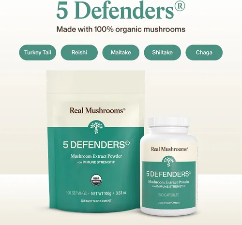 Miniatura 2 de Real Mushrooms 5 Defenders - Complejo de hongos en polvo, extracto orgánico de hongos de Chaga, Reishi, cola de pavo, mezcla de hongos Maitake