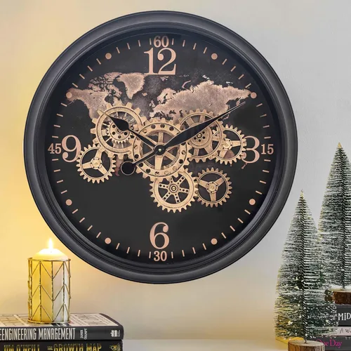 CLXEAST Reloj de Pared de 24 Pulgadas con Engranaje en Movimiento y Patrón de Mapa Mundial, Gran Reloj de Pared Dorado Negro de Metal para Mapa del