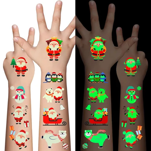 Awinmay Tatuajes temporales luminosos de Navidad para niños, 120 piezas de calcomanías navideñas que brillan en la oscuridad para niños y niñas,