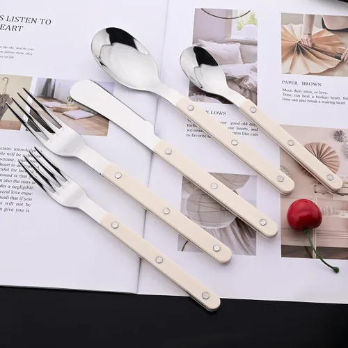 Miniatura 2 de JASHII Juego de cubiertos de 20 piezas de acero inoxidable con remache, juego de cubiertos retro, cuchillo, tenedor, cuchara, servicio para 4 Mango