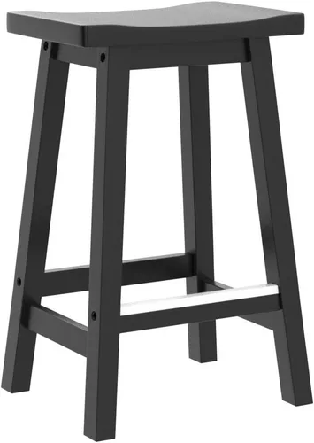Miniatura 5 de Juego de 2 taburetes de bar de madera maciza con placas de pie de metal, taburetes modernos sin espalda de 24 pulgadas de altura para encimera
