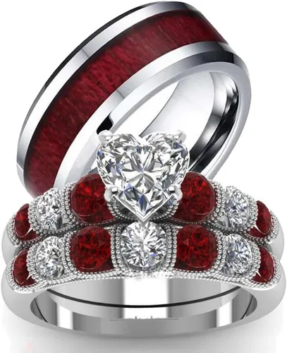 Miniatura 61 de Conjunto de dos anillos de boda para él y para ella, anillos para parejas. Anillos de compromiso para novia en acero inoxidable chapado en oro Blanco